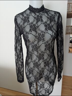 Sheer Black Floral Lace Long Sleeve Dress Top